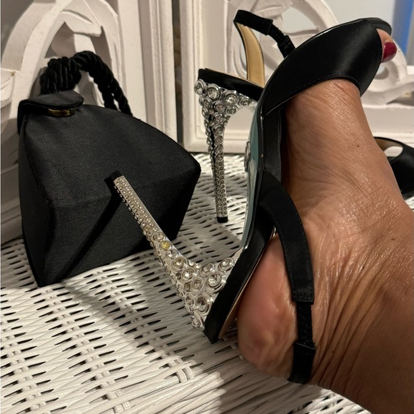 Betsey Johnson black satin sling back/peep toe with rhinestone heels. Size 8.5 - Picture 8 of 10